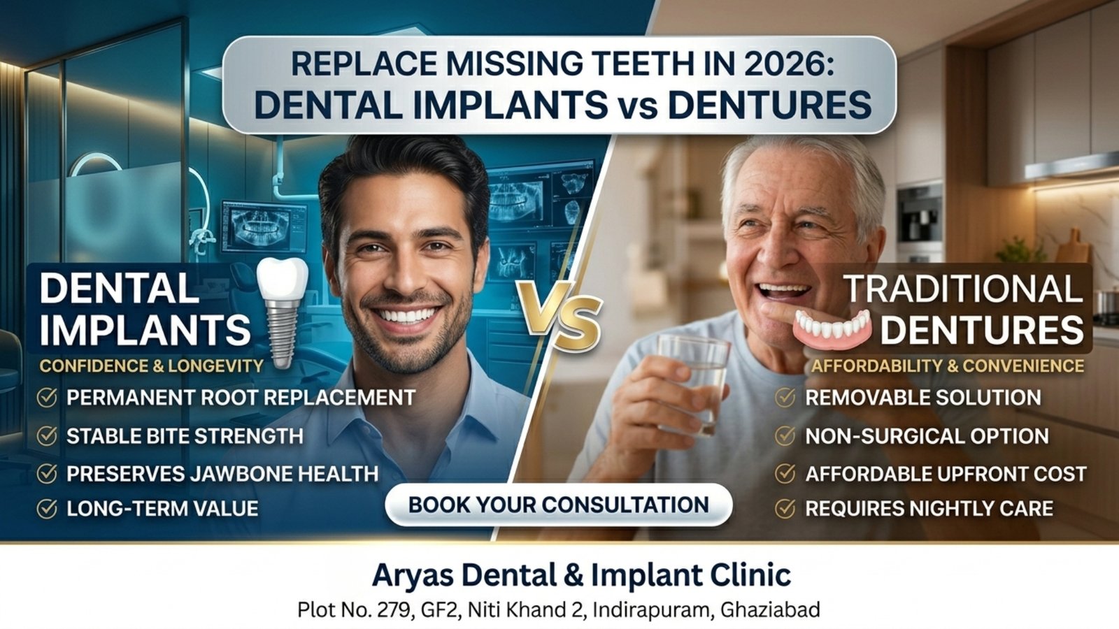 Dental Implants vs Dentures | Best Choice in Indirapuram | Aryas Dental
